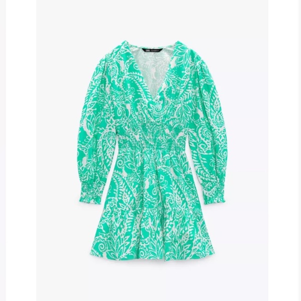 Zara Green Leaf Print Pattern Long Sleeve Mini Dress